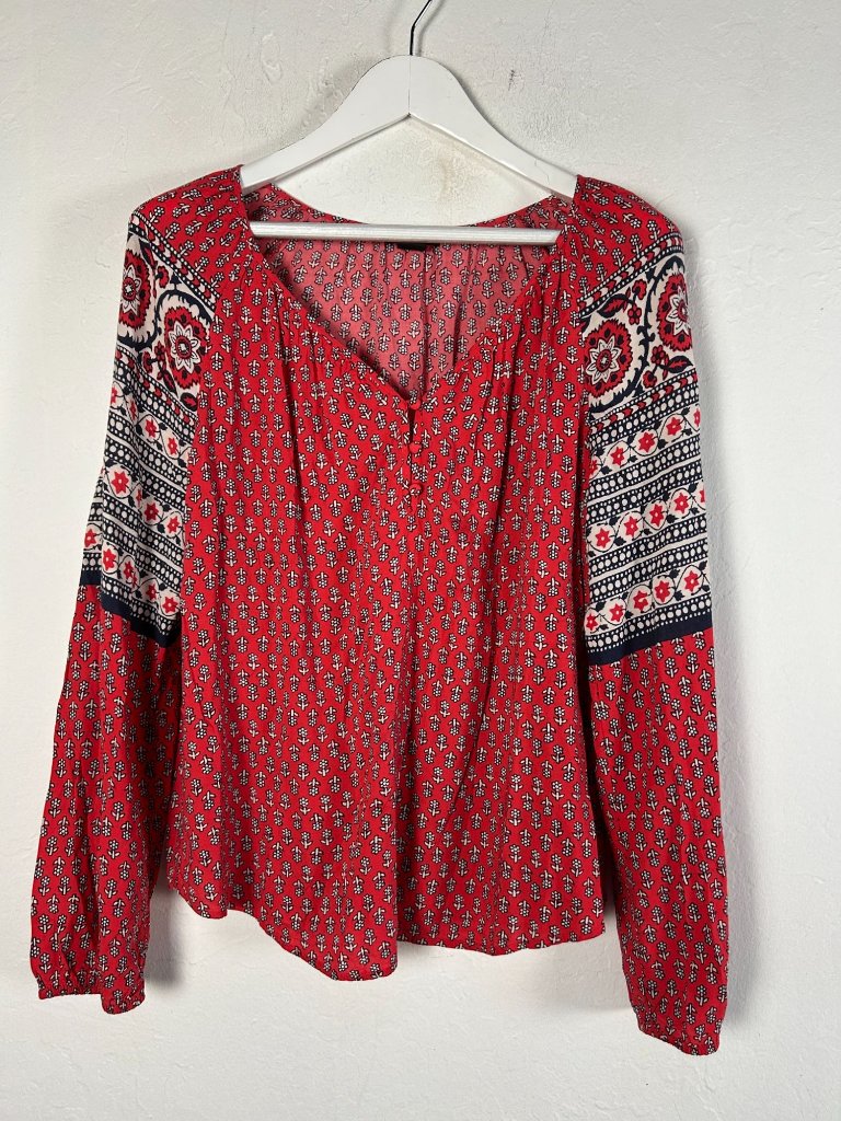 Lucky Brand Womens Petaluma Peasant Top Medium Red White Boho Floral Long Sleeve